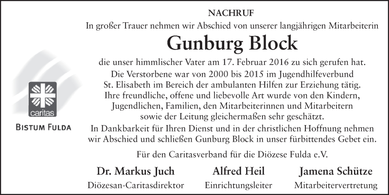  Traueranzeige für Gunburg Block vom 26.02.2016 aus 