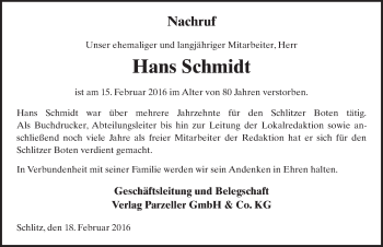 Traueranzeige von Johannes Schmidt 