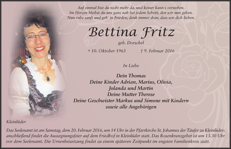  Traueranzeige für Bettina Fritz vom 18.02.2016 aus 