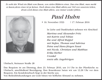 Traueranzeige von Paul Huhn 