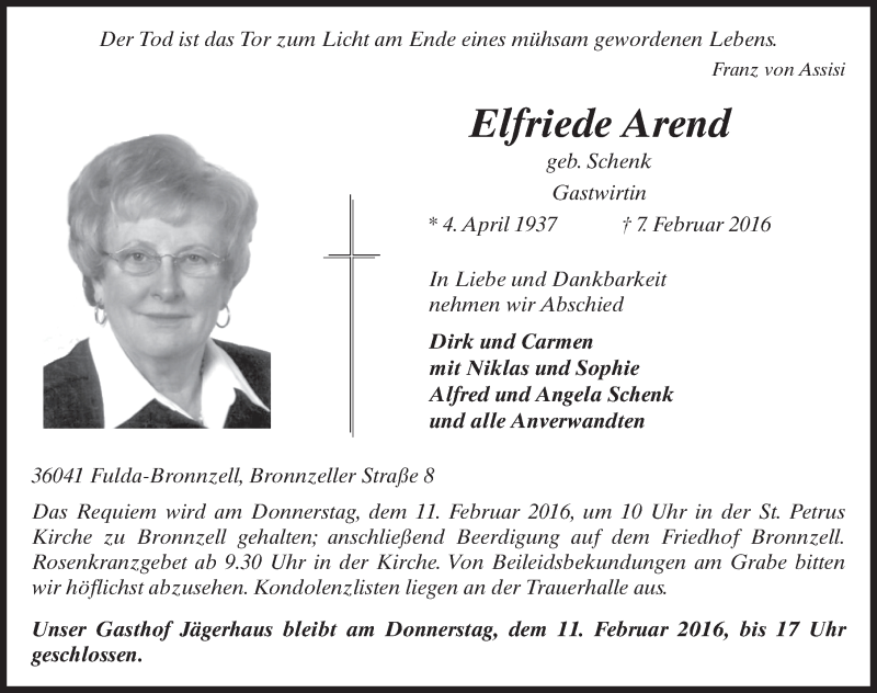  Traueranzeige für Elfriede Arend vom 09.02.2016 aus 