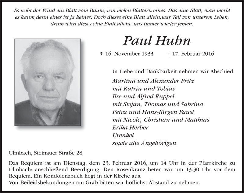  Traueranzeige für Paul Huhn vom 20.02.2016 aus 