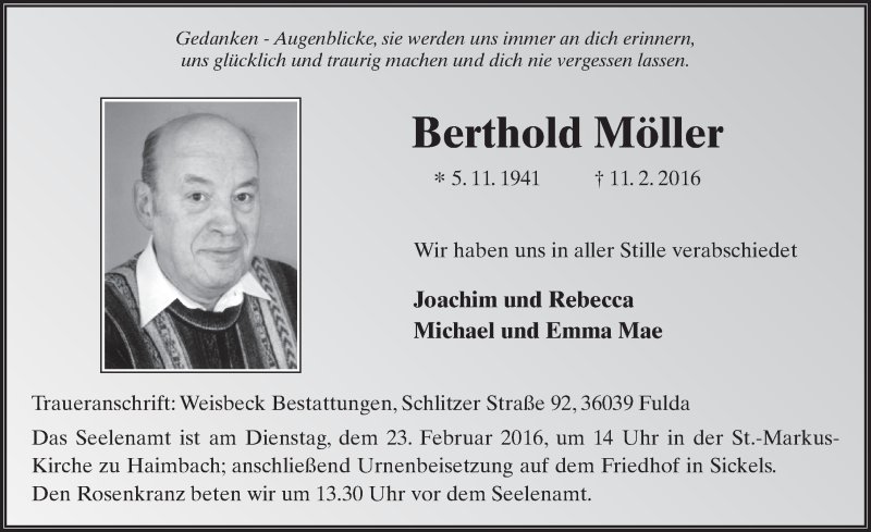  Traueranzeige für Berthold Möller vom 20.02.2016 aus 