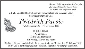 Traueranzeige von Friedrich Pavsic 