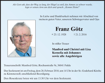 Traueranzeige von Franz Götz 