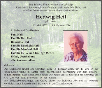 Traueranzeige von Hedwig Heil 