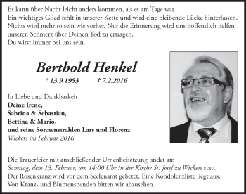 Traueranzeige von Berthold Henkel 
