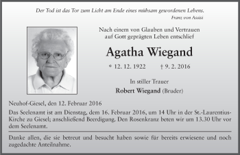 Traueranzeige von Agatha Wiegand 