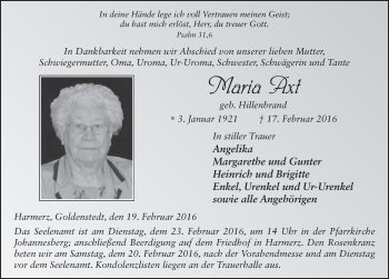 Traueranzeige von Maria Axt 