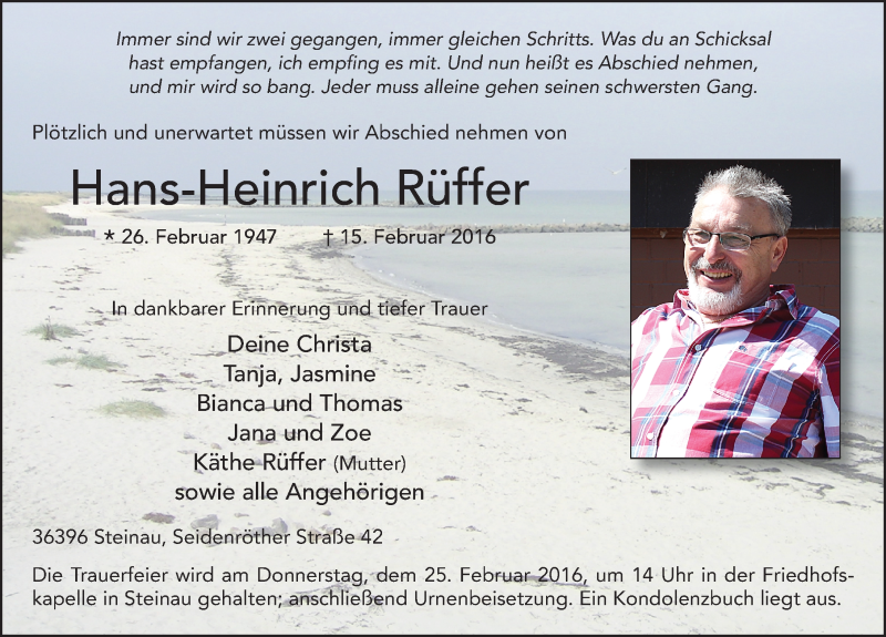  Traueranzeige für Hans-Heinrich Rüffer vom 20.02.2016 aus 