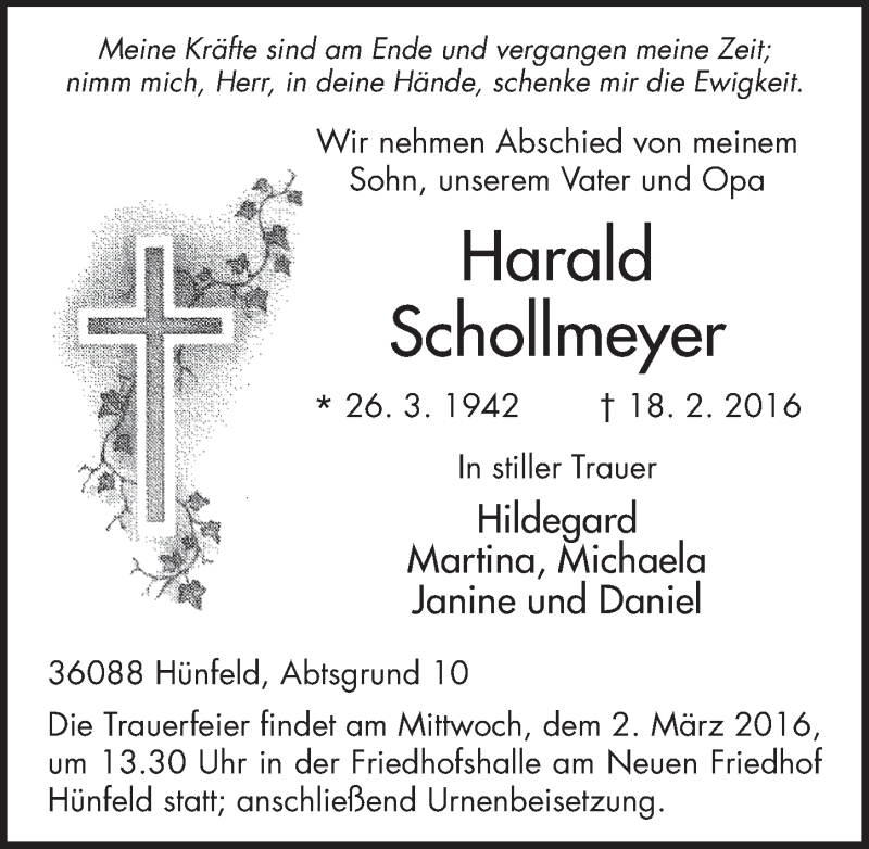  Traueranzeige für Harald Schollmeyer vom 27.02.2016 aus 