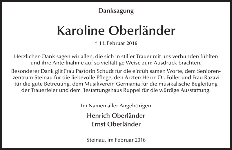  Traueranzeige für Karoline Oberländer vom 27.02.2016 aus 