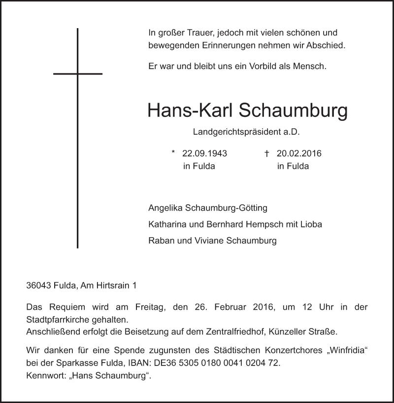  Traueranzeige für Hans-Karl Schaumburg vom 23.02.2016 aus 