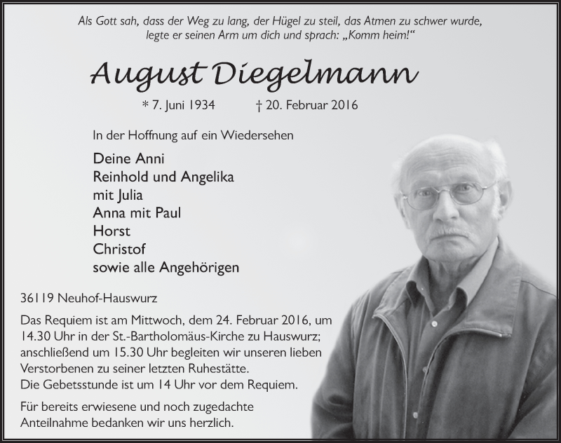  Traueranzeige für August Diegelmann vom 23.02.2016 aus 