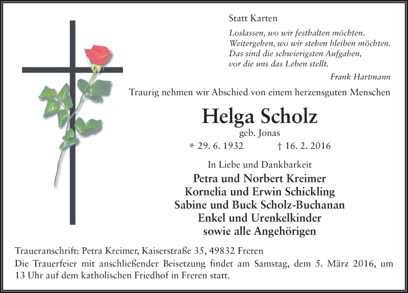  Traueranzeige für Helga Scholz vom 23.02.2016 aus 