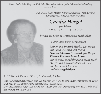Traueranzeige von Cäcilia Herget 