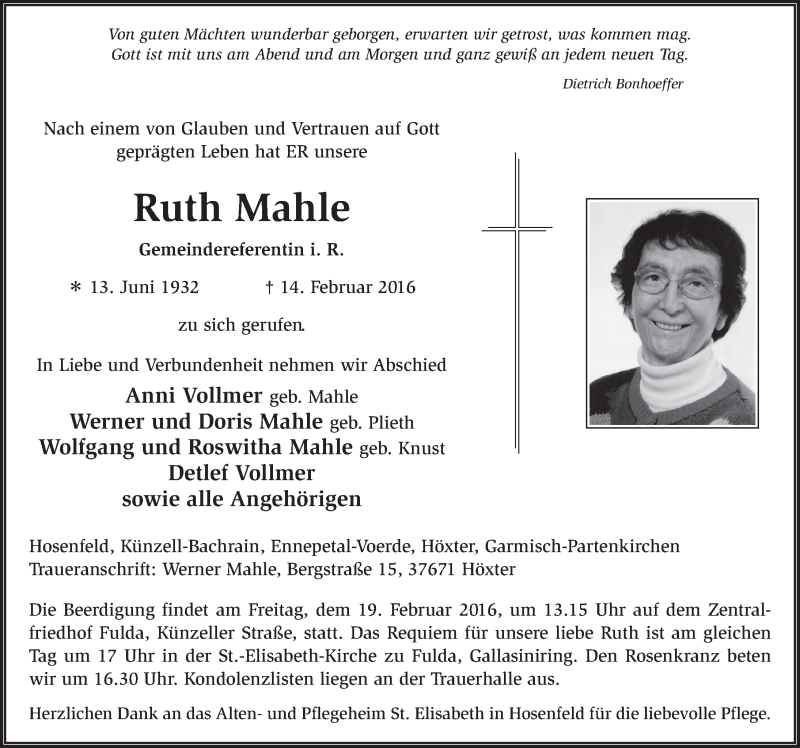  Traueranzeige für Ruth Mahle vom 17.02.2016 aus 