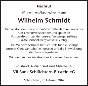 Traueranzeige von Wilhelm Schmidt 