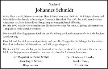 Traueranzeige von Hans Schmidt 