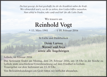 Traueranzeige von Reinhold Vogt 