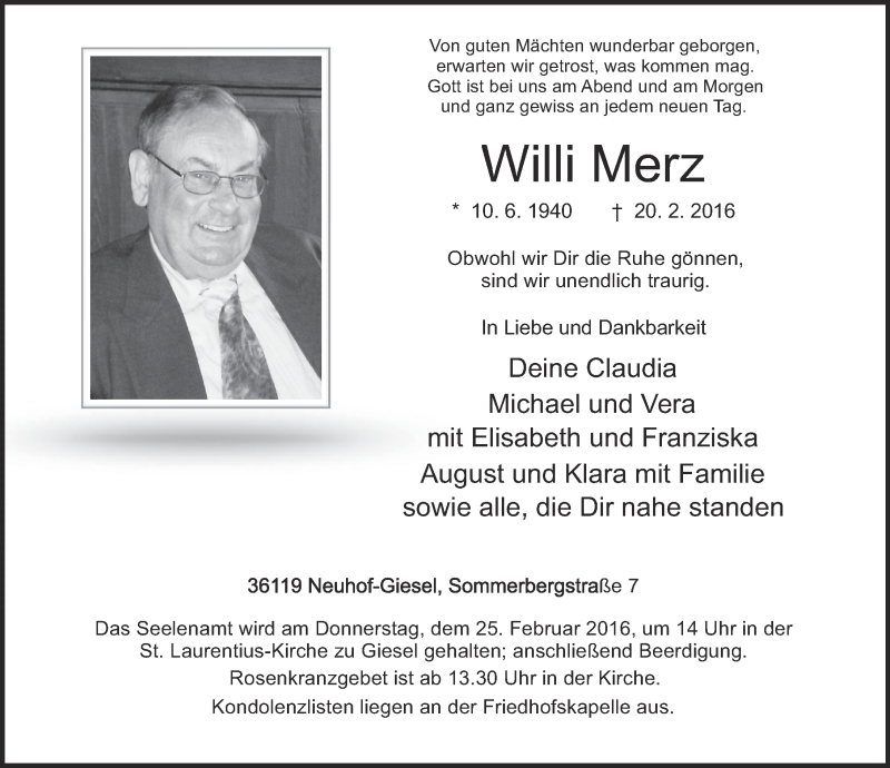  Traueranzeige für Willi Merz vom 23.02.2016 aus 