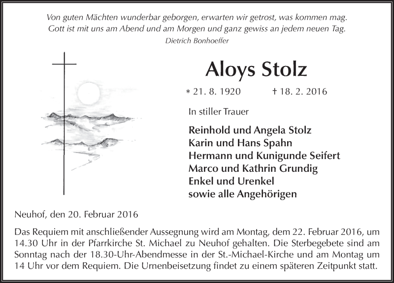  Traueranzeige für Aloys Stolz vom 20.02.2016 aus 