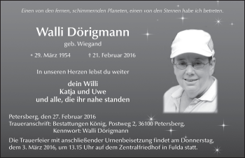 Traueranzeige von Walli Dörigmann 