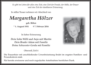 Traueranzeige von Margaretha Hölzer 