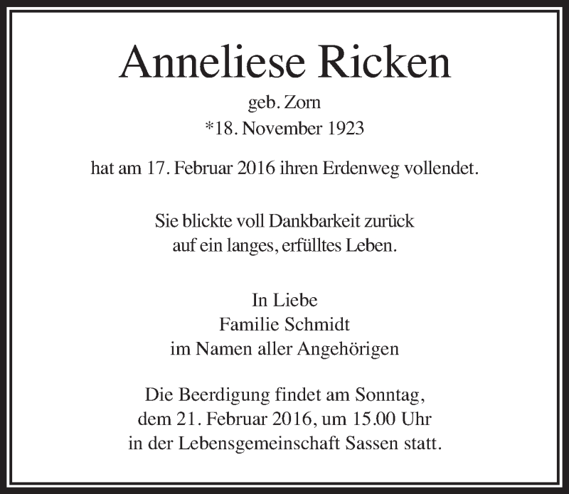  Traueranzeige für Anneliese Ricken vom 20.02.2016 aus 