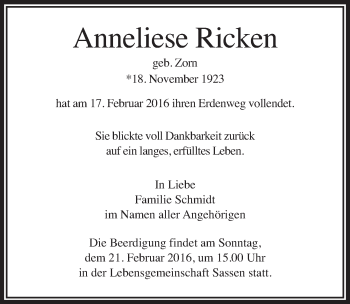 Traueranzeige von Anneliese Ricken 