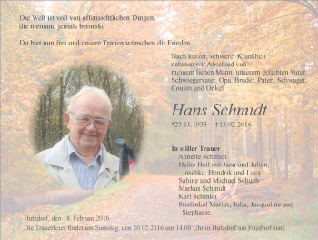 Traueranzeige von Hans Schmidt 