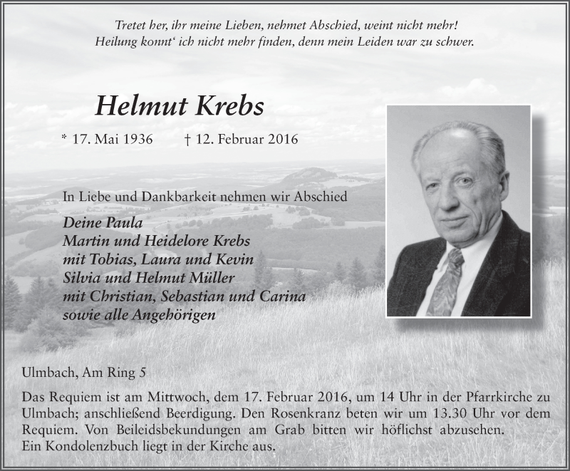  Traueranzeige für Helmut Krebs vom 15.02.2016 aus 