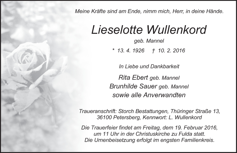  Traueranzeige für Lieselotte Wullenkord vom 16.02.2016 aus 