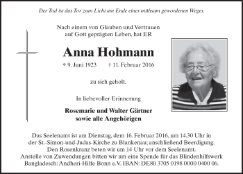 Traueranzeige von Anna Hohmann 