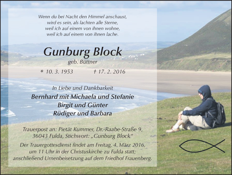  Traueranzeige für Gunburg Block vom 24.02.2016 aus 