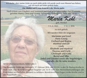 Traueranzeige von Maria Kehl 