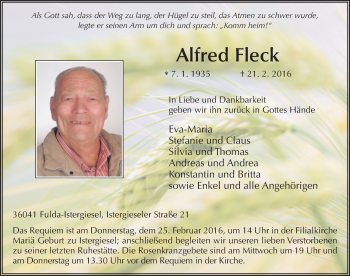 Traueranzeige von Alfred Fleck 