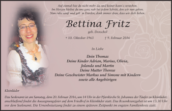 Traueranzeige von Bettina Fritz 