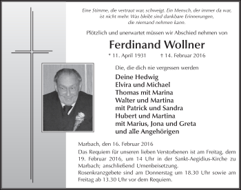 Traueranzeige von Ferdinand Wollner 