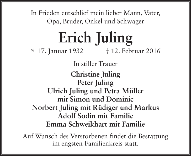  Traueranzeige für Erich Juling vom 16.02.2016 aus 