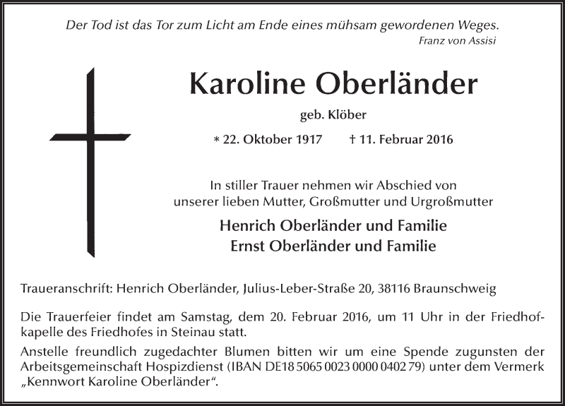 Traueranzeige für Karoline Oberländer vom 17.02.2016 aus 