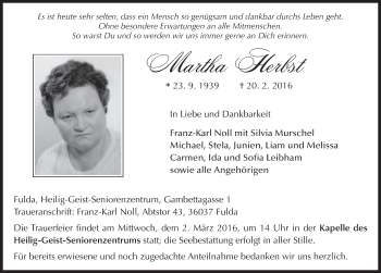 Traueranzeige von Martha Herbst 