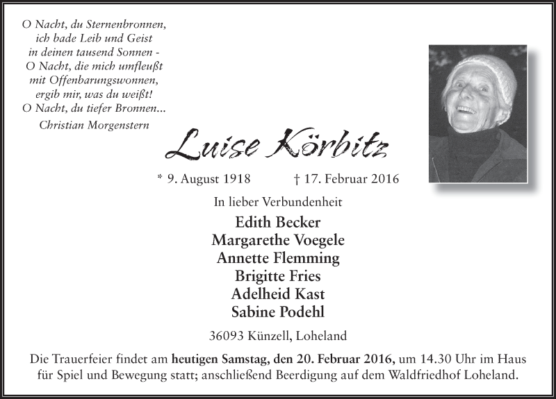  Traueranzeige für Luise Körbitz vom 20.02.2016 aus 
