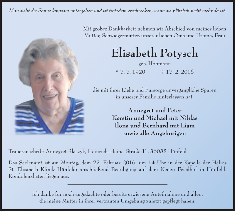  Traueranzeige für Elisabeth Potysch vom 20.02.2016 aus 