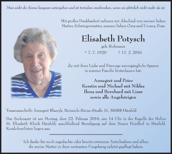 Traueranzeige von Elisabeth Potysch 
