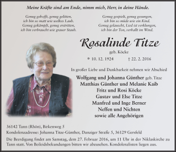 Traueranzeige von Rosalinde Titze 