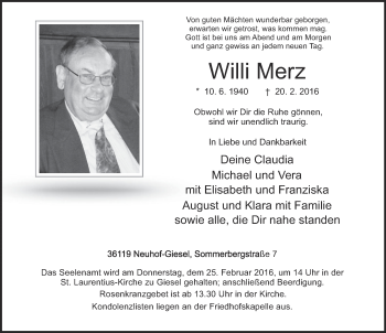 Traueranzeige von Willi Merz 