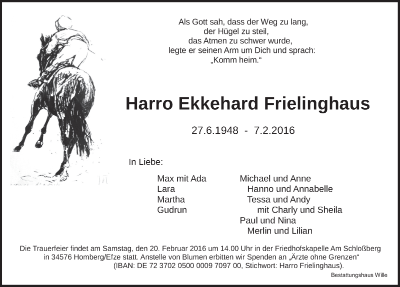  Traueranzeige für Harro Ekkehard Frielinghaus vom 16.02.2016 aus 