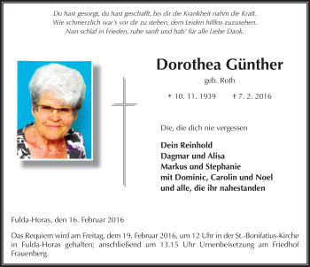 Traueranzeige von Dorothea Günther 