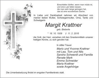 Traueranzeige von Margit Krattner 